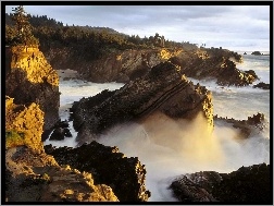 Świt, Las, Skały, Morze, Oregon, Wybrzeże