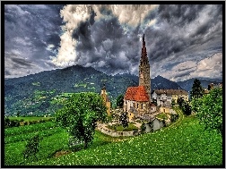 Włochy, Góry, Saint Michael, Kościół, Chmury