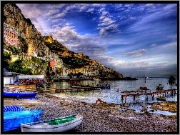 Włochy, Domy, Łódki, Morze, Riomaggiore