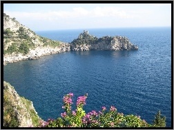 Włochy, Kwiatki, Skały, Morze, Amalfi
