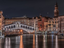 Noc, Rialto, Most, Włochy, Wenecja, Kanał, Domy