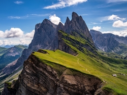 Włochy, Masyw Odle, Prowincja Bolzano, Doliny, Rezerwat przyrody Puez-Geisler, Góry Dolomity, Domki