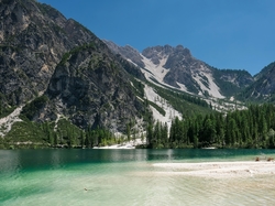 Włochy, Dolomity, Dolina Val Pusteria, Jezioro Pragser Wildsee, Drzewa, Góry, Lago di Braies