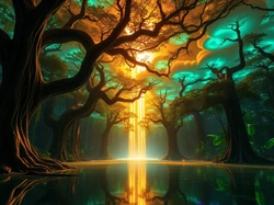 Woda, Fantasy, Sceniczny, Natura, Drzewa, Przyroda, Krajobraz, Odbicia, Światło