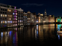 Noc, Holandia, Kanał wodny, Domy, Amsterdam, Światła