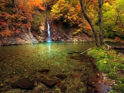 Wodospad, Drzewa, Rzeka, Jesień, Mały