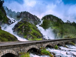 Wodospad, Droga, Most, Latefossen, Norwegia, Rzeka