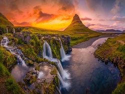 Wodospady, Islandia, Góra, Kirkjufell, Półwysep Snaefellsnes, Rzeka. Zachód słońca
