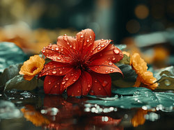 Liście, Kwiaty, Krople wody