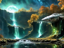 Wrak Fantasy, Księżyc, Drzewa, Grafika, Wąwóz, Wodospad, Statek kosmiczny