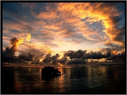 Wysepka, Słońca, Tahiti, Chmury, Ocean, Zachód