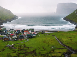 Wyspa Streymoy, Wzgórza, Zatoka, Domy, Wyspy Owcze, Dania, Miejscowość, Morze Norweskie, Tjornuvik