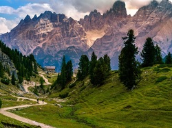 Drzewa, Południowy Tyrol, Góry, Dolomity, Ścieżka, Chmury, Zielone, Włochy, Wzgórza
