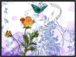 Wzorki, Motylek, Kwiaty, Żółte, Niebieskie