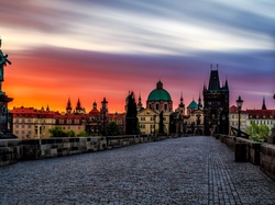 Praga, Zabytki, Wschód słońca, Most Karola, Czechy, Figury