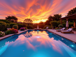 Chmury, Basen, Leżaki, Zachód słońca, Drzewa