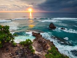Zachód słońca, Morze, Bali, Indonezja, Skały