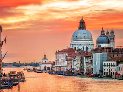 Wenecja, Domy, Zachód słońca, Kanał Canal Grande,  Włochy, Bazylika św. Marka