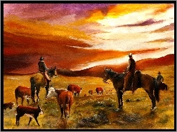 Zachód Słońca, Krowy, Konie, Mężczyzni, Łąka