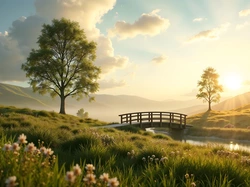 Drzewa, Łąka, Rzeka, Zachód słońca, Mostek