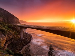 Nowa Południowa Walia, Klif, Morze, Zachód słońca, Australia, Most Sea Cliff Bridge