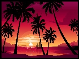 Zachód Słońca, Jezioro, Palmy, Jacht