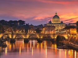 Zachód słońca, Watykan, Światła, Most Ponte Umbert, Rzeka Tyber, Włochy, Bazylika Świętego Piotra