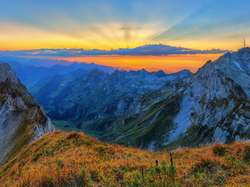 Szwajcaria, Alpy Zachodnie, Dolina, Szczyt Altmann, Prealpy Szwajcarskie, Góry, Zachód słońca