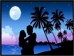 Zakochani, Morze, Księżyc, Noc, Plaża