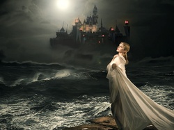 Zamek, Morze, Kobieta, Noc