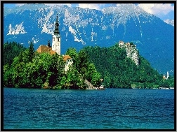 Zamek, Bled, Słowenia, Jezioro, Kościół, Góry