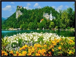 Zamek, Bled, Słowenia, Jezioro, Kośclół, Kwiaty