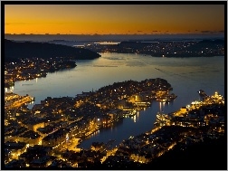 Zatoka, Panorama, Noc, Bergen, Miasto