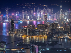 Rzeka Perłowa, Miasto nocą, Wieżowce, Zatoka, Hongkong, Chiny, Port, Noc, Victoria Harbour