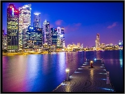 Zatoka, Noc, Singapur, Molo, Wieżowce, Miasto