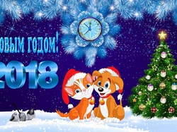 Zegar, Pies, 2018, Nowy Rok, Kot