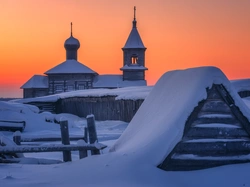 Ogrodzenie, Zima, Cerkiew, Śnieg, Zabudowania