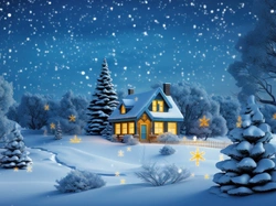 Śnieg, Zima, Dom, Grafika, Drzewa