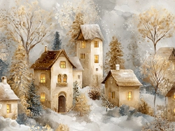 Drzewa, Zima, Domy, Grafika AI
