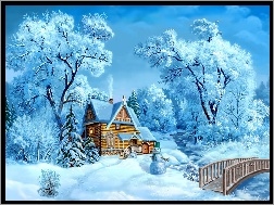Zima, Śnieg, Drzewa, Domek