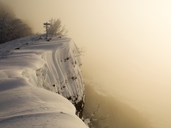 Zima, Drzewa, Drogowskaz, Śnieg, Góry, Mgła