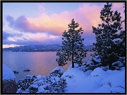 Zima, Drzewa, Jezioro, Góry
