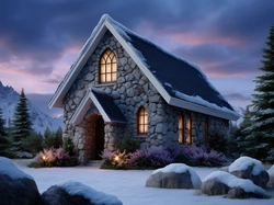 Drzewa, Kamienny, Góry, Zima, Dom, Kamienie