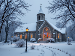 Latarnie, Zima, Kościół, Droga, Drzewa