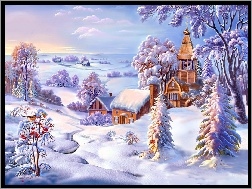 Zima, Drzewa, Kościółek, Śnieg