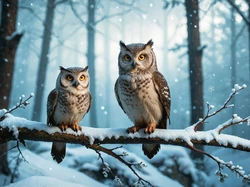 Sowy, Zima, Las, Gałąź, Dwie