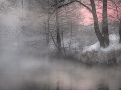 Zima, Drzewa, Rzeka, Mgła