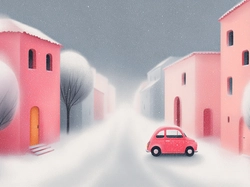 Drzewa, Różowe, Samochód, Zima, Domy, Grafika AI