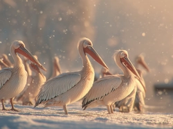 Pelikany, Zima, Śnieg, Grafika AI