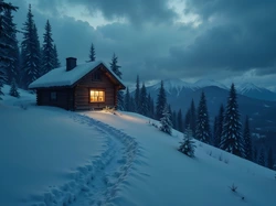 Chmury, Droga, Śnieg, Zima, Drzewa, Dom, Góry